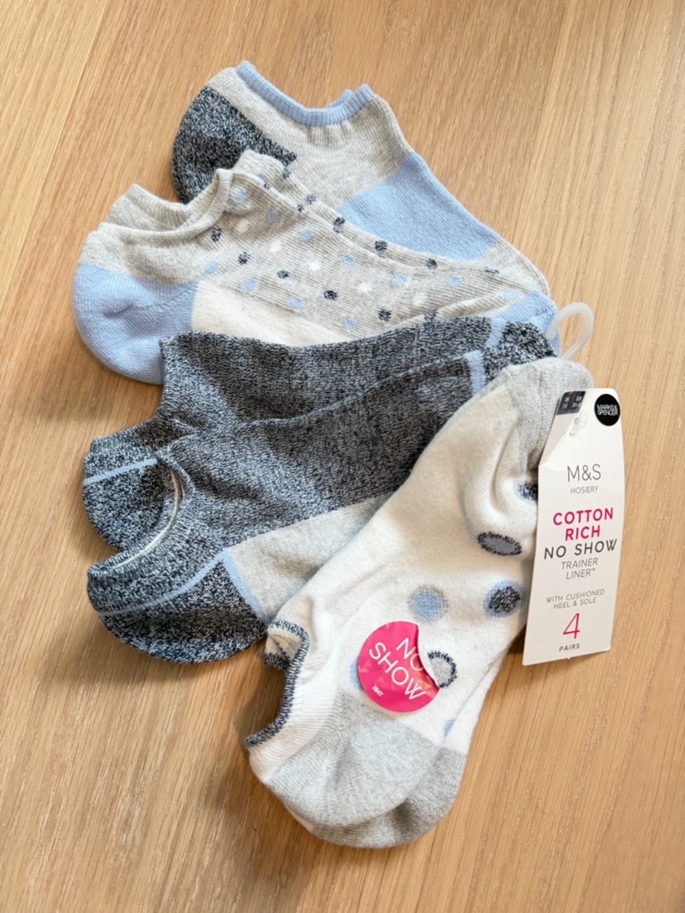M&S Cotton-Rich No Show Trainer Socks - Light Blue & Gray (4 Pack)